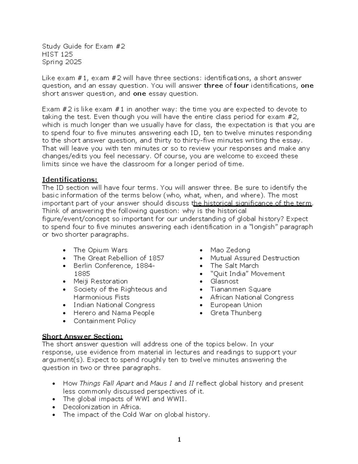 Study Guide for Exam #2: HIST 125 - Spring 2025 Overview - Studocu