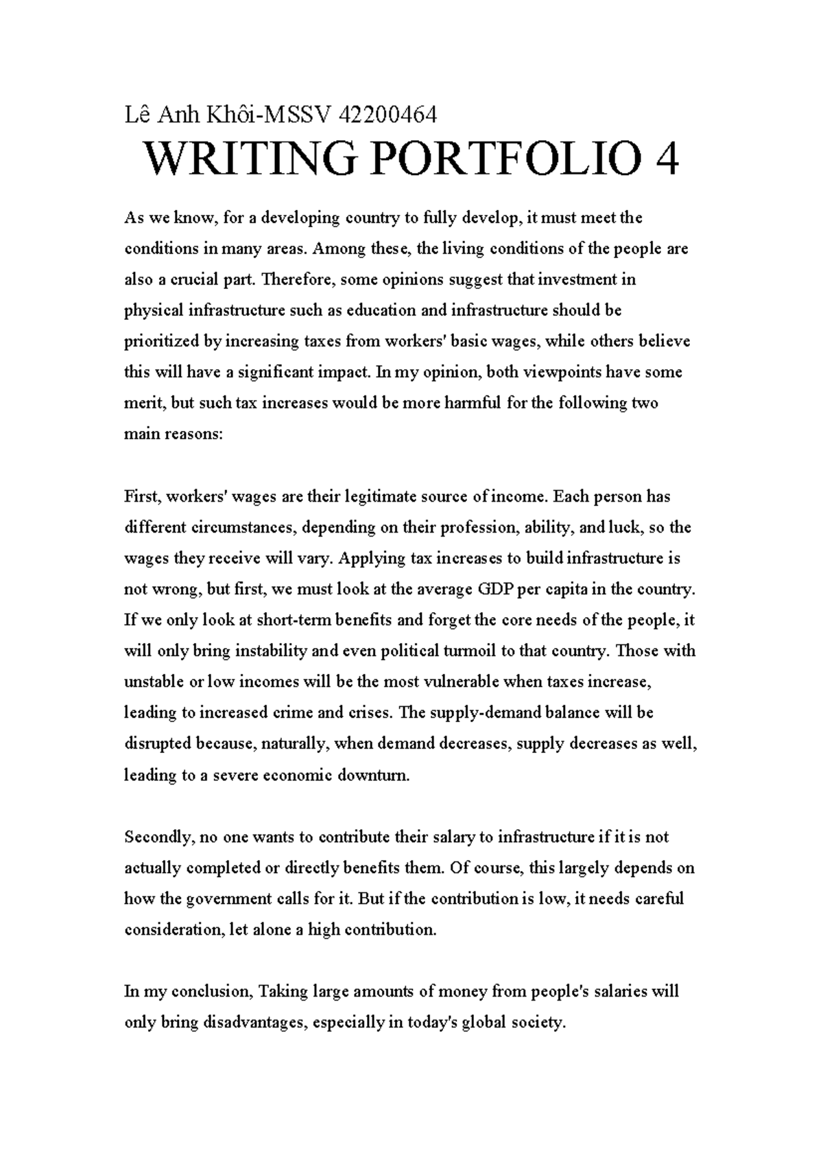 Lê Anh 42200464 Writing Portfolio 4: Tax Impact on Development - Studocu