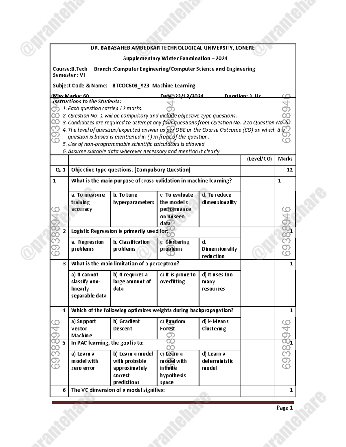 B.Tech VI Sem - Machine Learning Supplementary Exam 2024 - Studocu