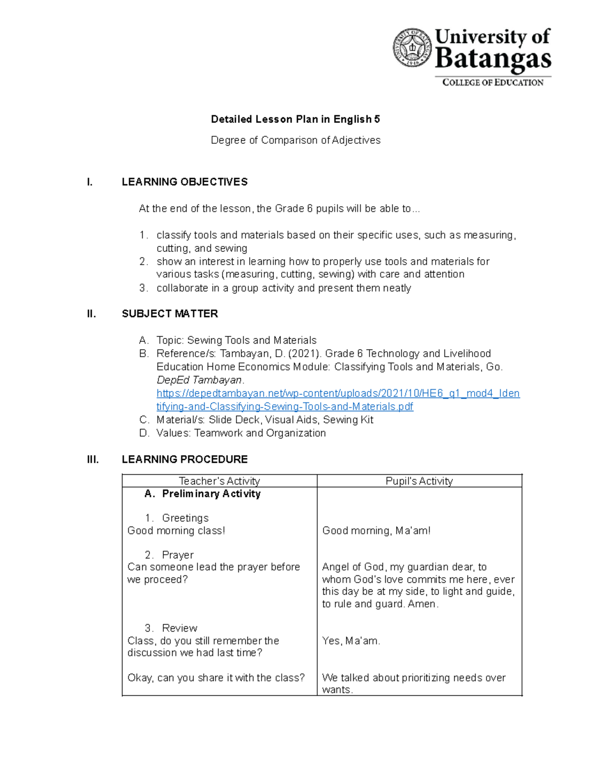 Detailed Lesson Plan in English 5: Sewing Tools & Materials - Studocu