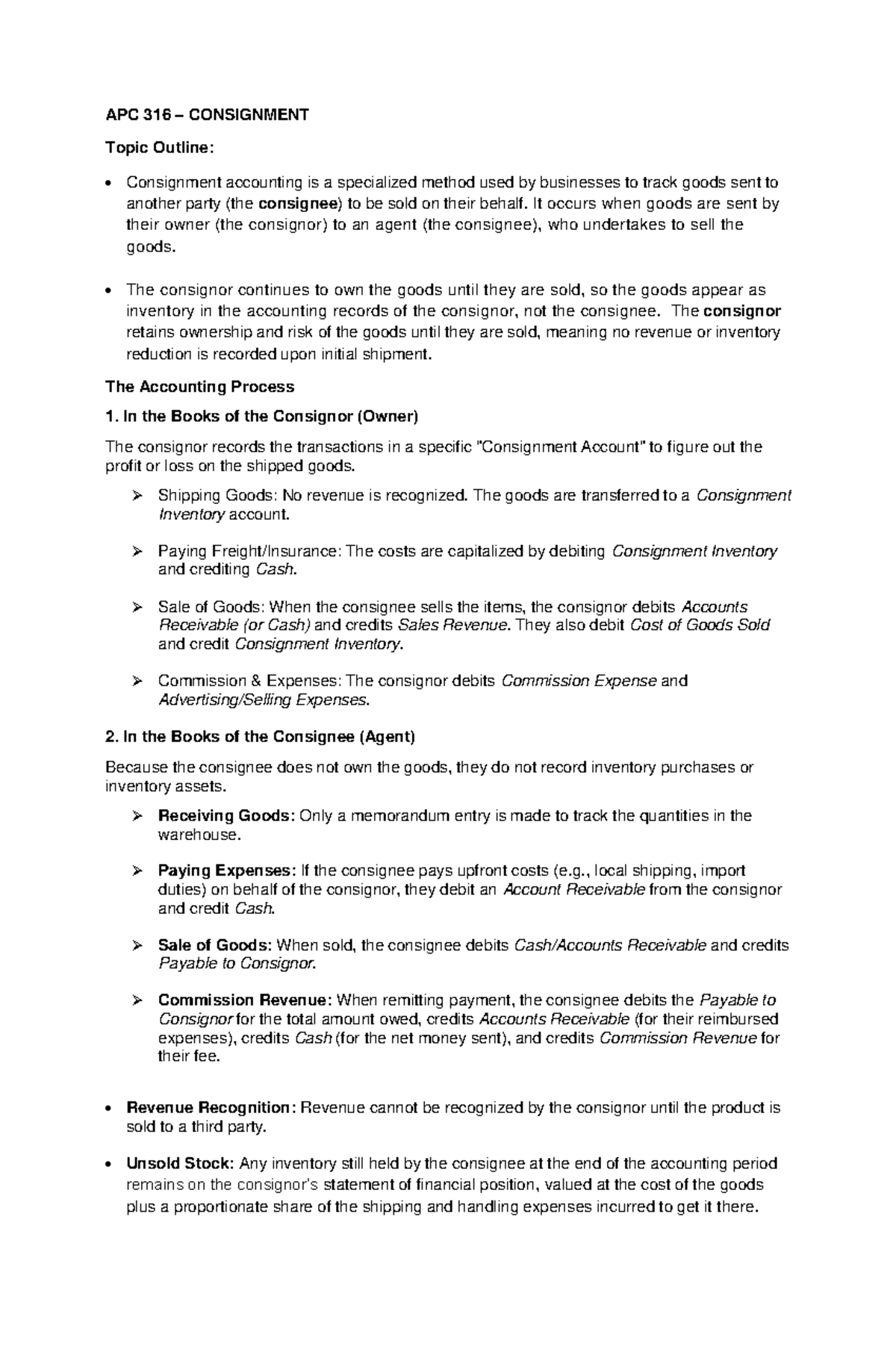 APC 316 CONSIGNMENT Accounting Process and Journal Entries Guide - Studocu