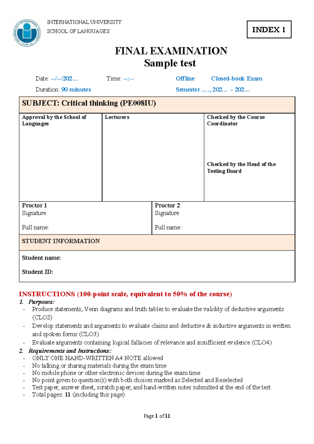 Sample Test for Final Exam - Critical Thinking (PE008IU) S2 2025 - Studocu