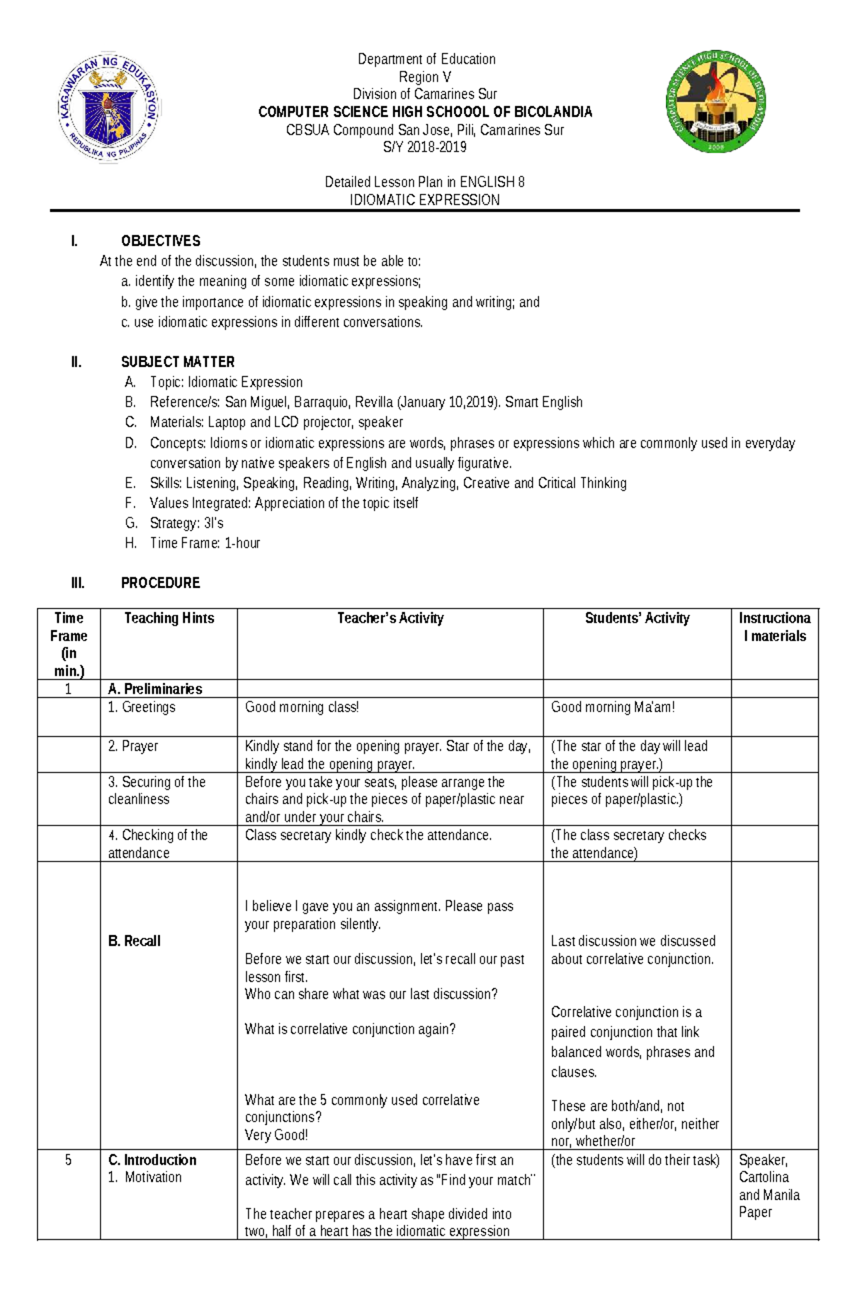 Idiomatic Expressions Lesson Plan for English 8 (LP) - Studocu