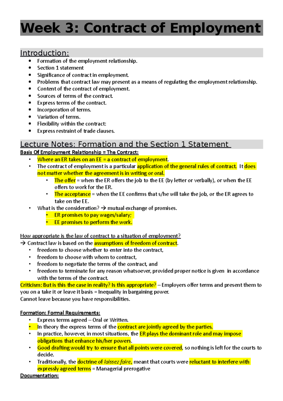 Week 3 EL - Employment Contract Law Lecture Notes and Analysis - Studocu