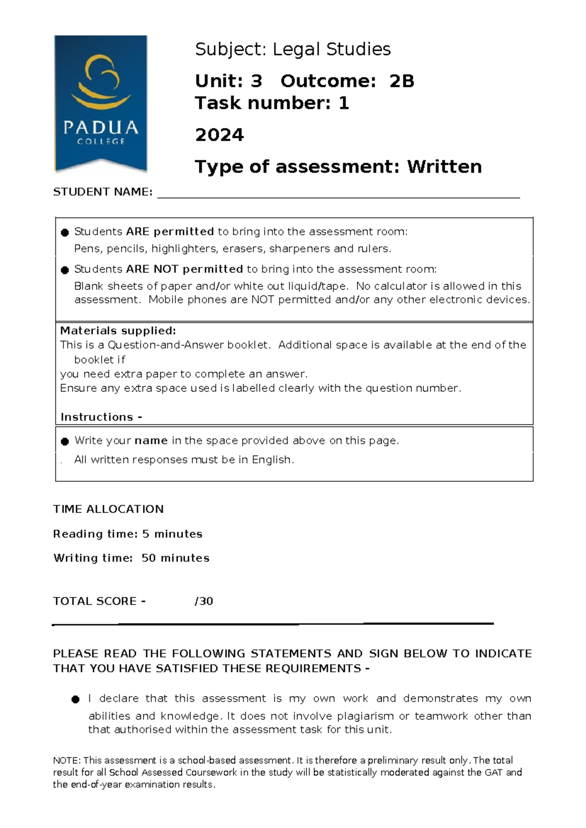 U3 AOS 2B Legal Studies SAC - 2024 Final Exam Guidelines - Studocu