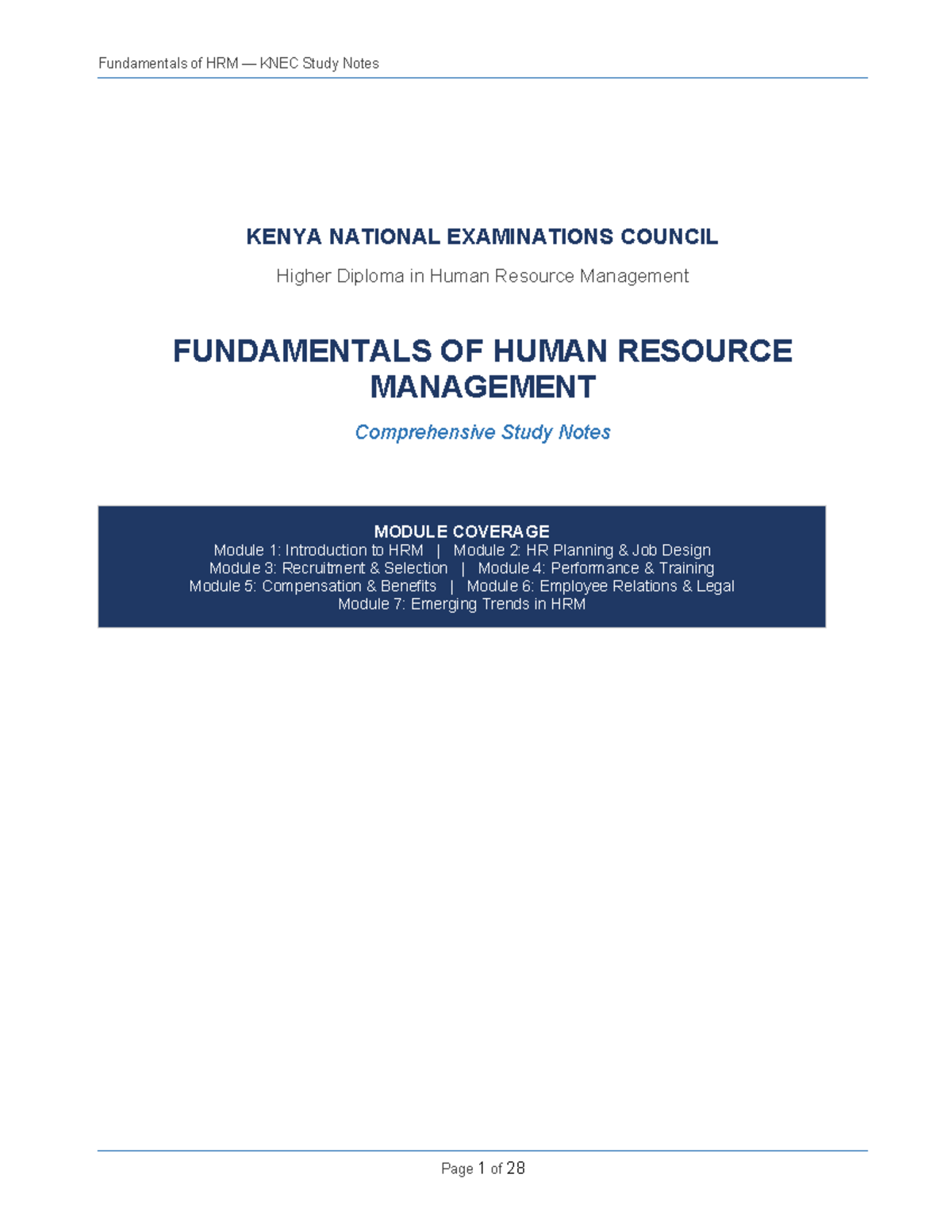 Fundamentals of HRM KNEC Study Notes for Higher Diploma in HRM - Studocu