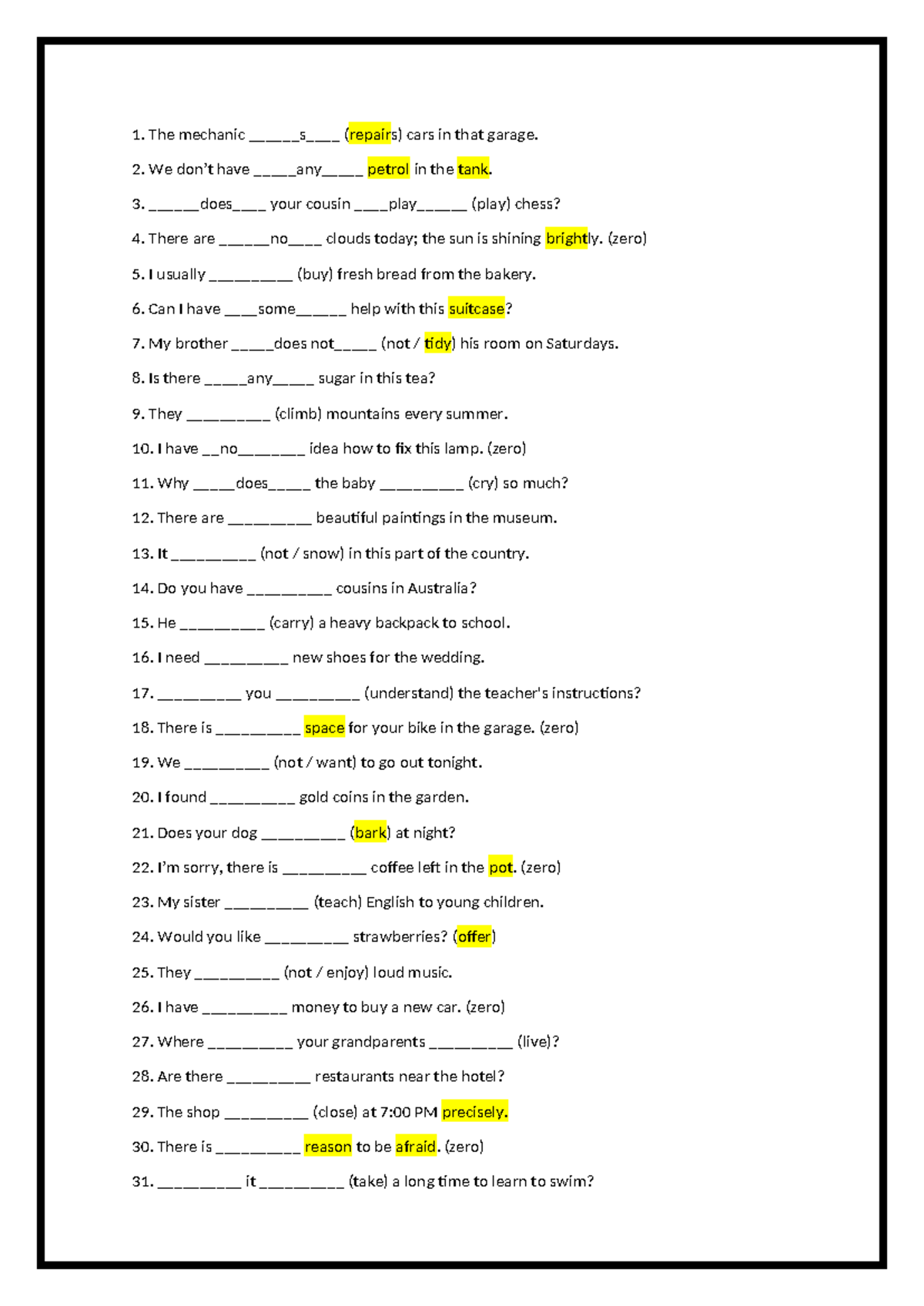 A2 English Grammar: Some, Any, Present Simple Exercises 3 - Studocu