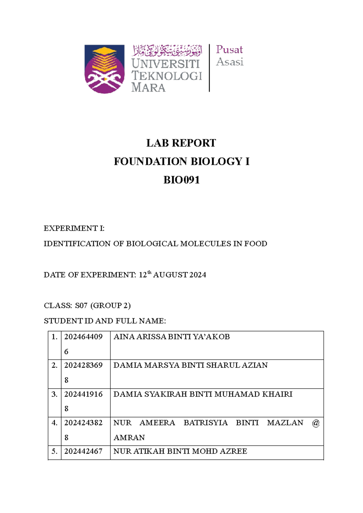 Lab Report BIO091 exp 1 - group mates - LAB REPORT FOUNDATION BIOLOGY I ...