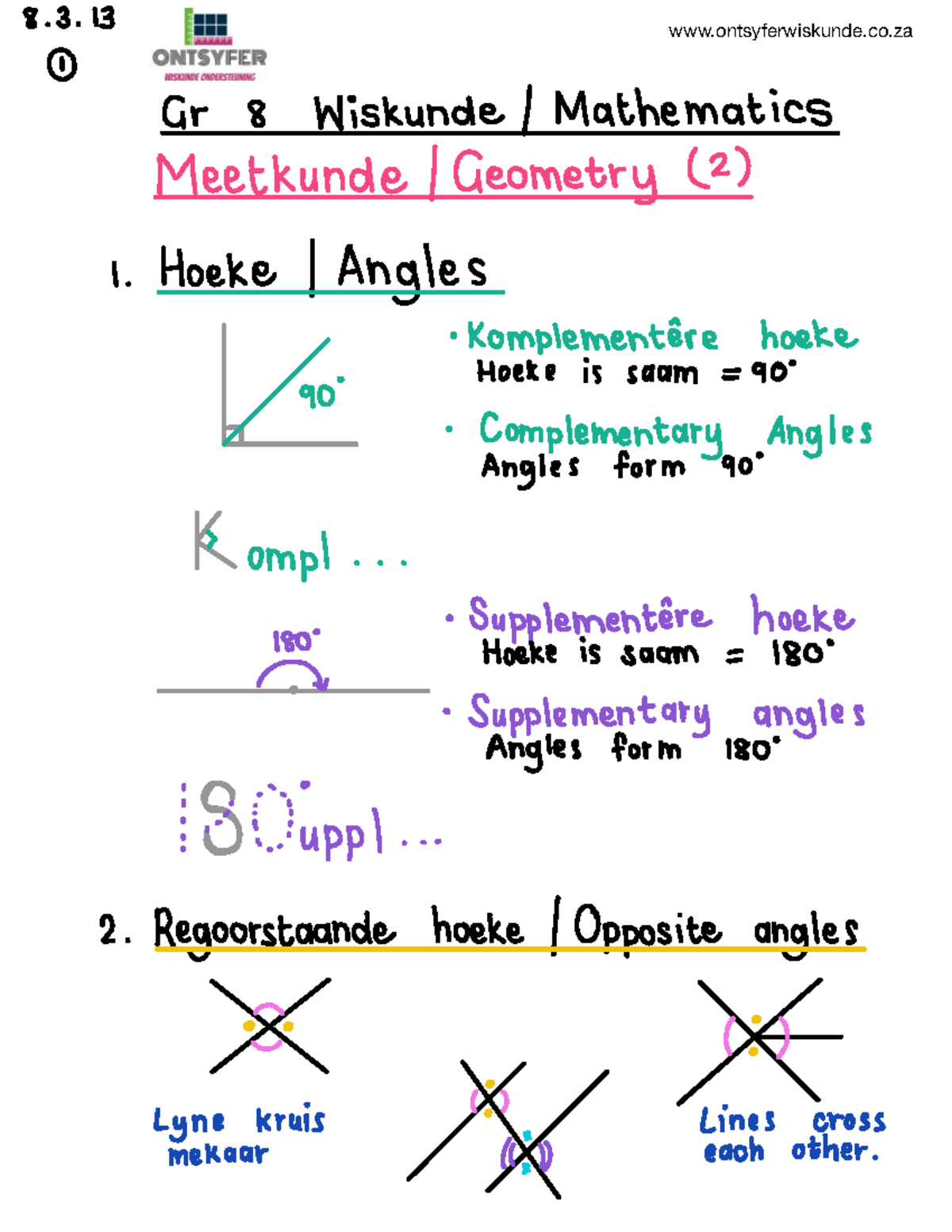 Gr 8 Meetkunde 2 - Geometry Notes on Angles and Lines - Studocu