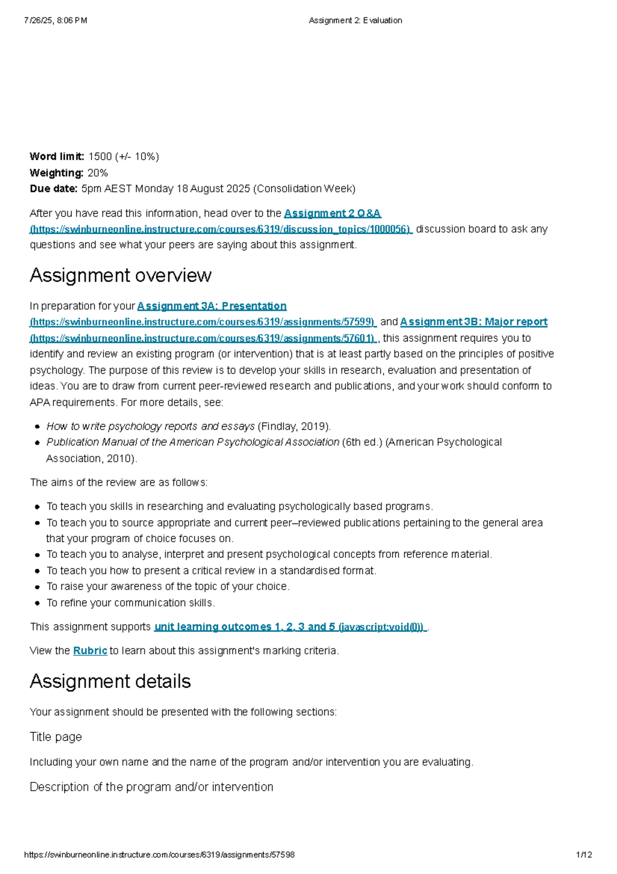 PSY101 Assignment 2: Evaluation of Positive Psychology Programs - Studocu