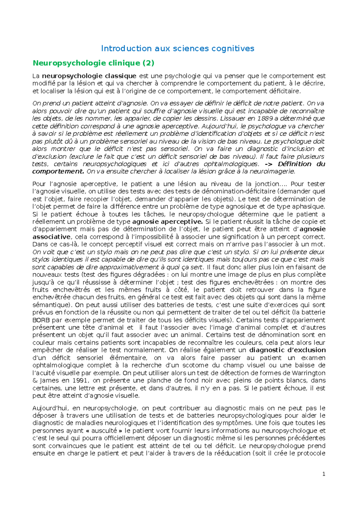 7 - Neuropsychologie clinique - Introduction aux sciences cognitives ...