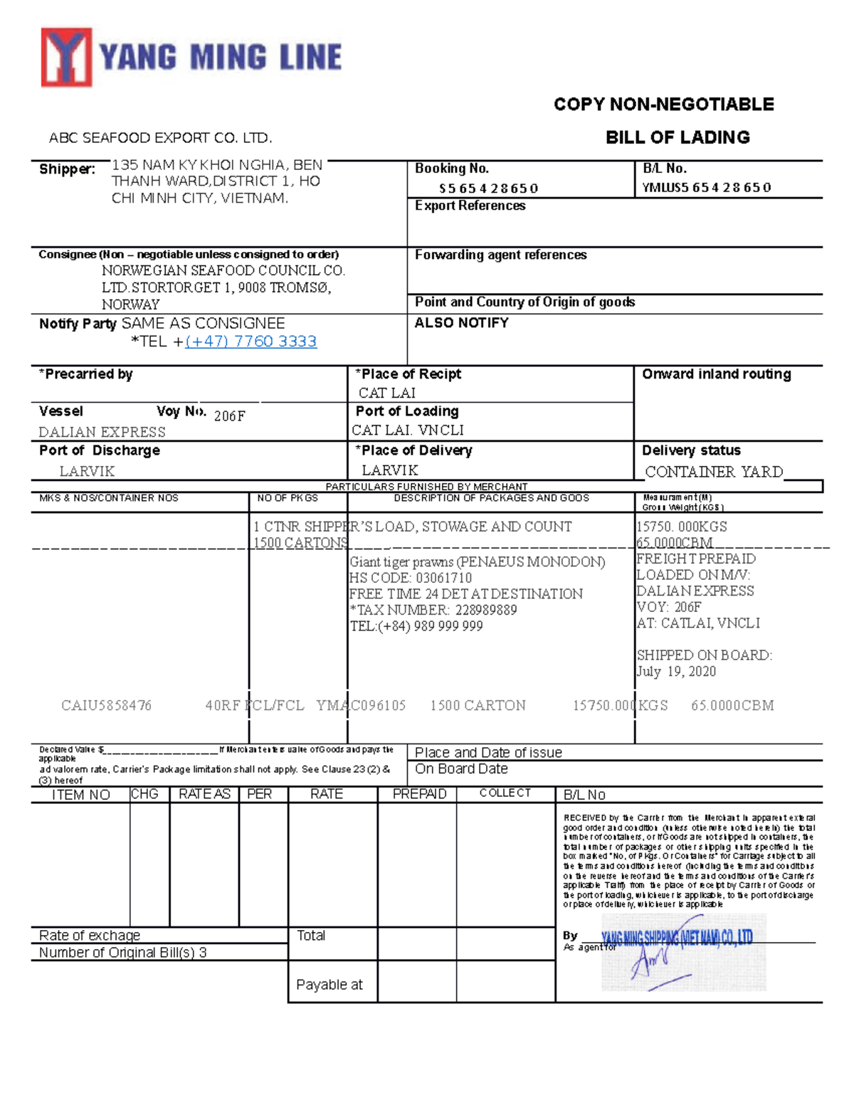 Non-Negotiable Bill of Lading Document for Shipping Details - Studocu