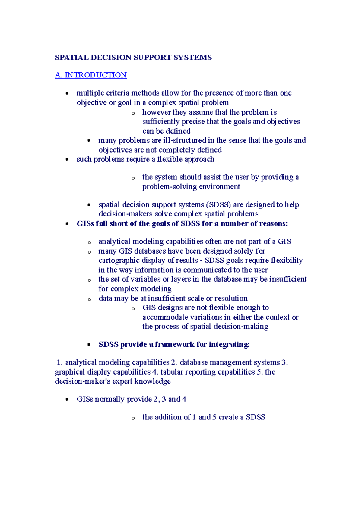 5.3 Spatial Decision Support Systems Overview and Framework Analysis ...