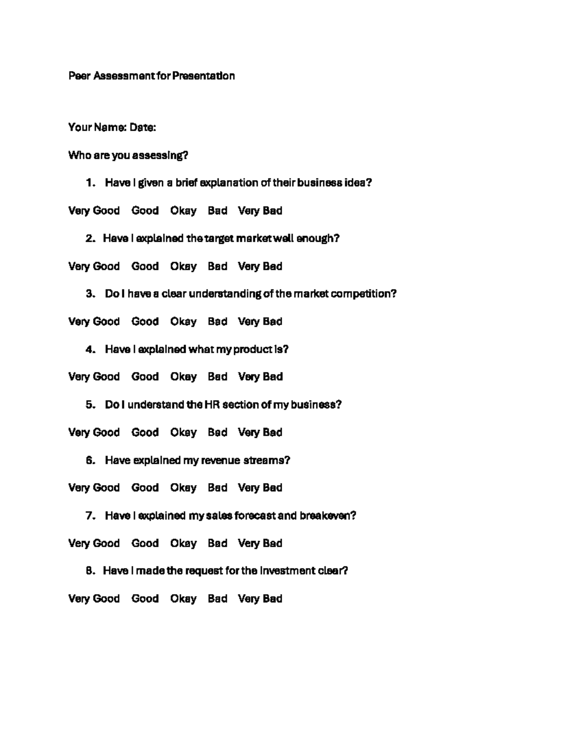 Peer Assessment Review Form for Presentation Evaluation - Studocu