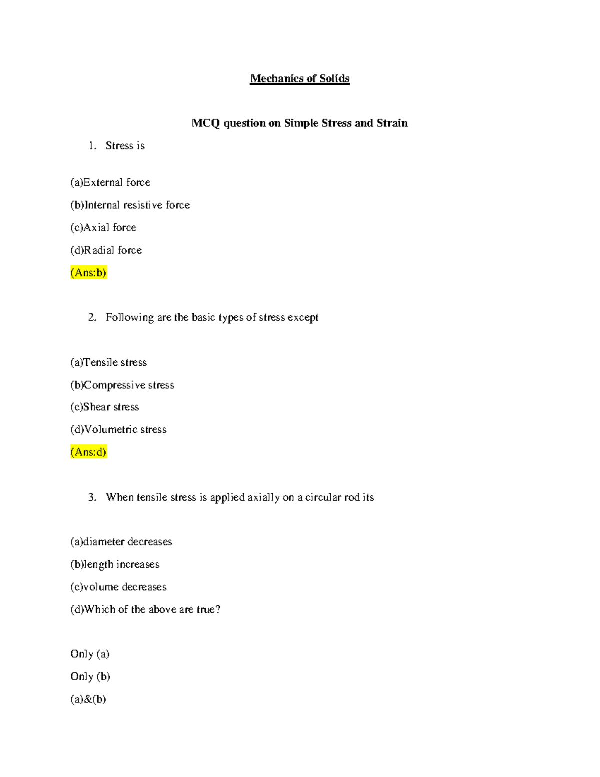 Final Exam MCQ on Mechanics of Solids (Course Code: MECH101) - Studeersnel