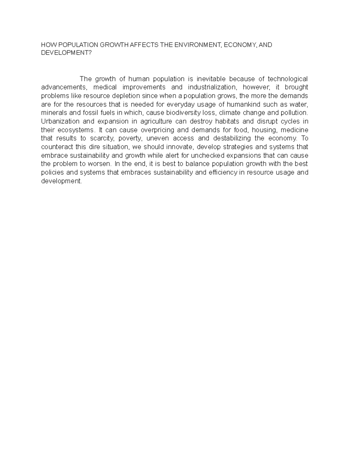 Population Growth and Its Impact on Environment and Economy - Studocu