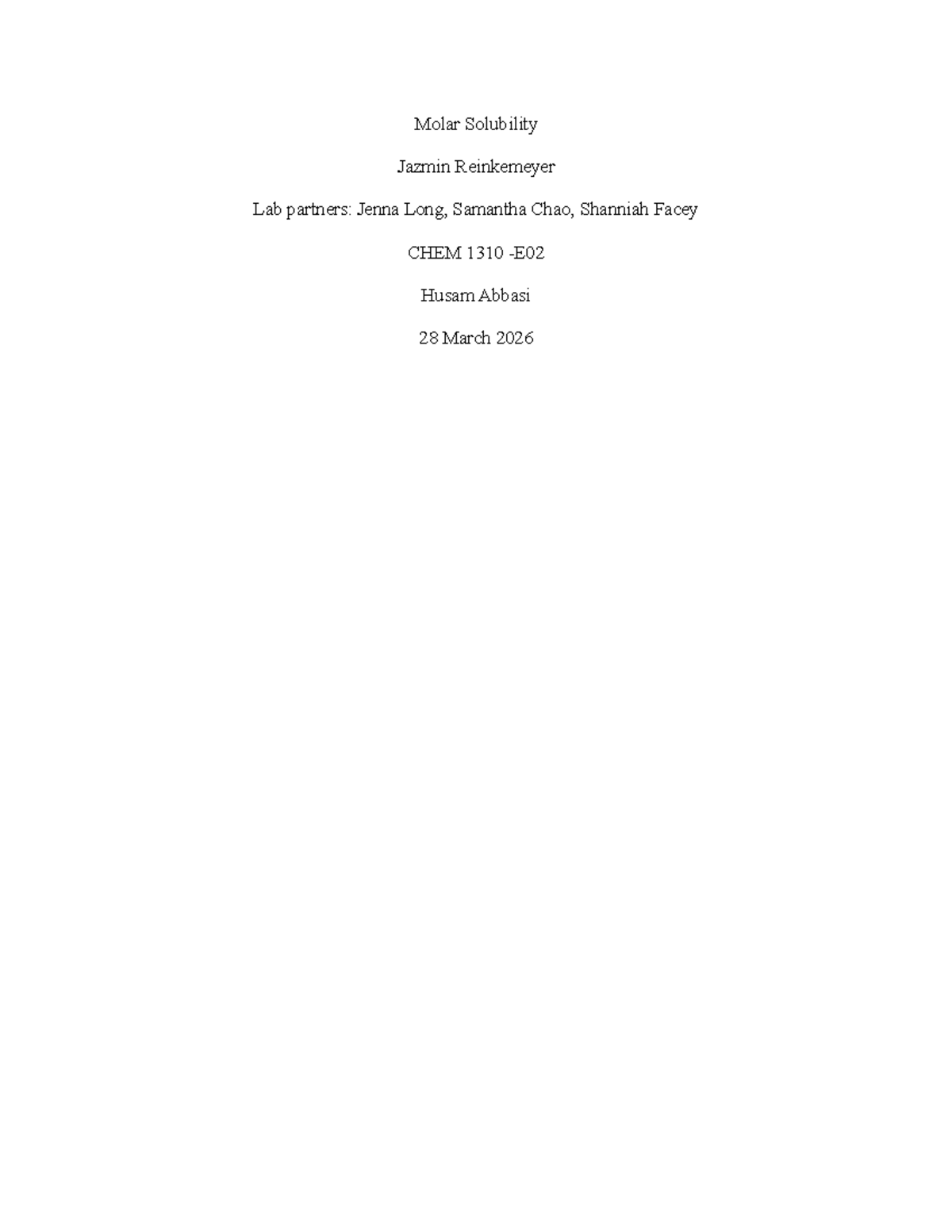Molar Solubility of Ca(OH)₂: Lab Report for CHEM 1310 - Studocu