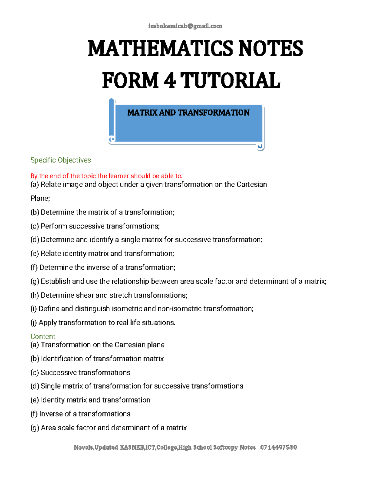 MATH F4 Tutorial Notes on Matrix Transformations - Studocu