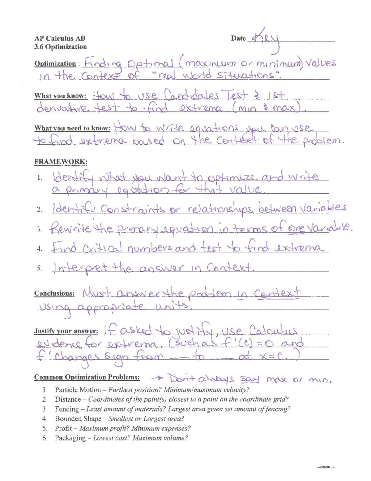 AP Calculus AB 3.6 Notes: Optimization Techniques and Examples - Studocu