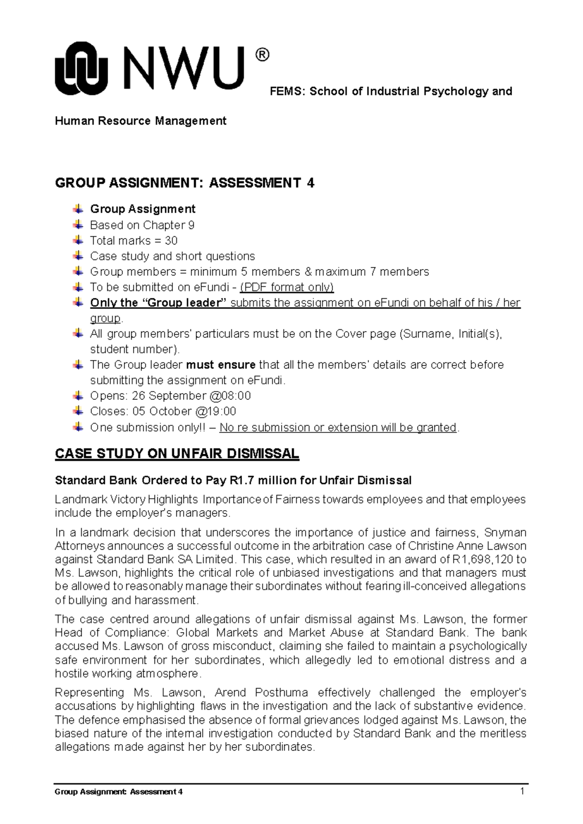 FEMS: Group Assignment 4 - Case Study on Unfair Dismissal - Studocu