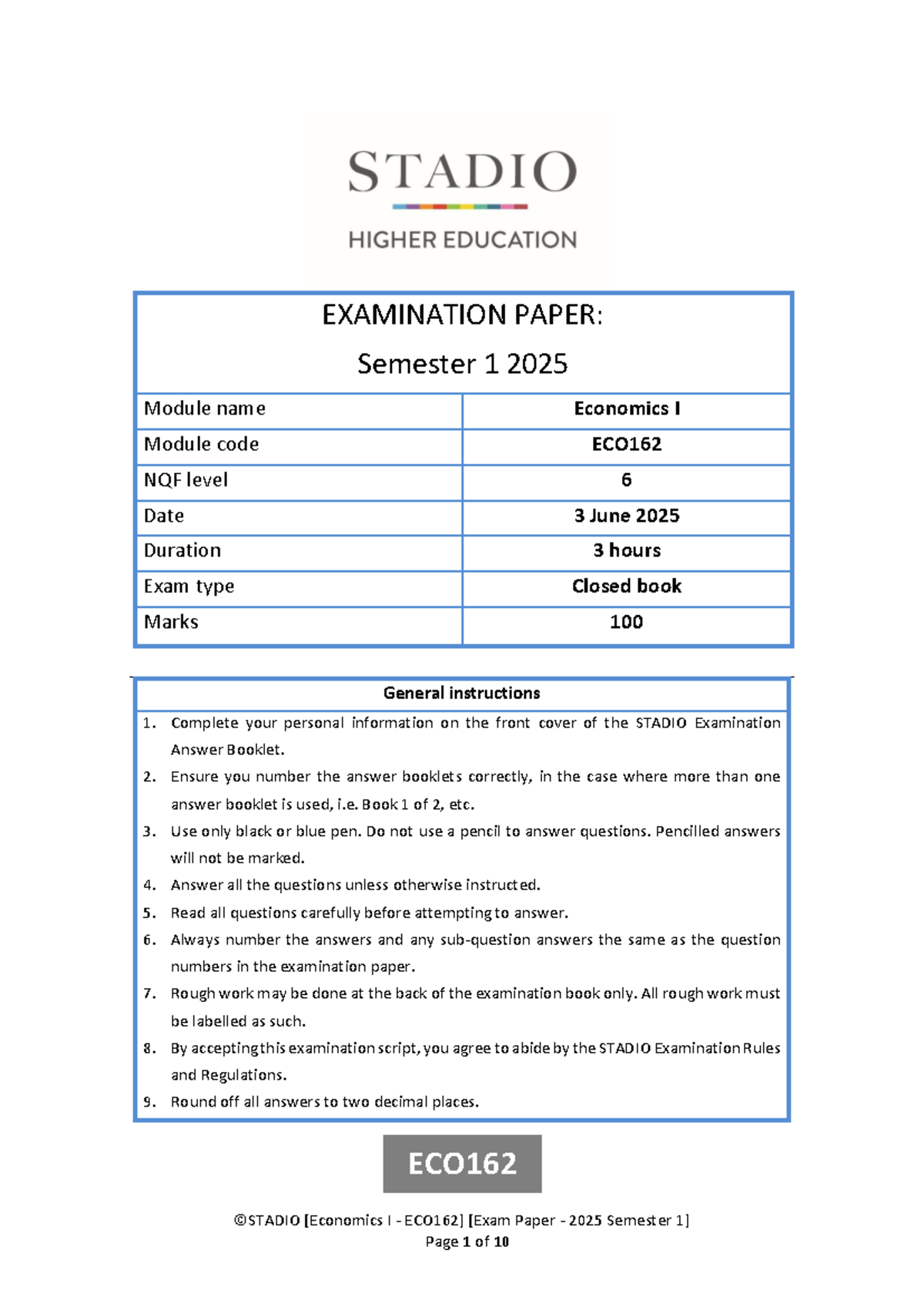 ECO162 2025 Semester 1 Final Exam Paper - Economics I - Studocu