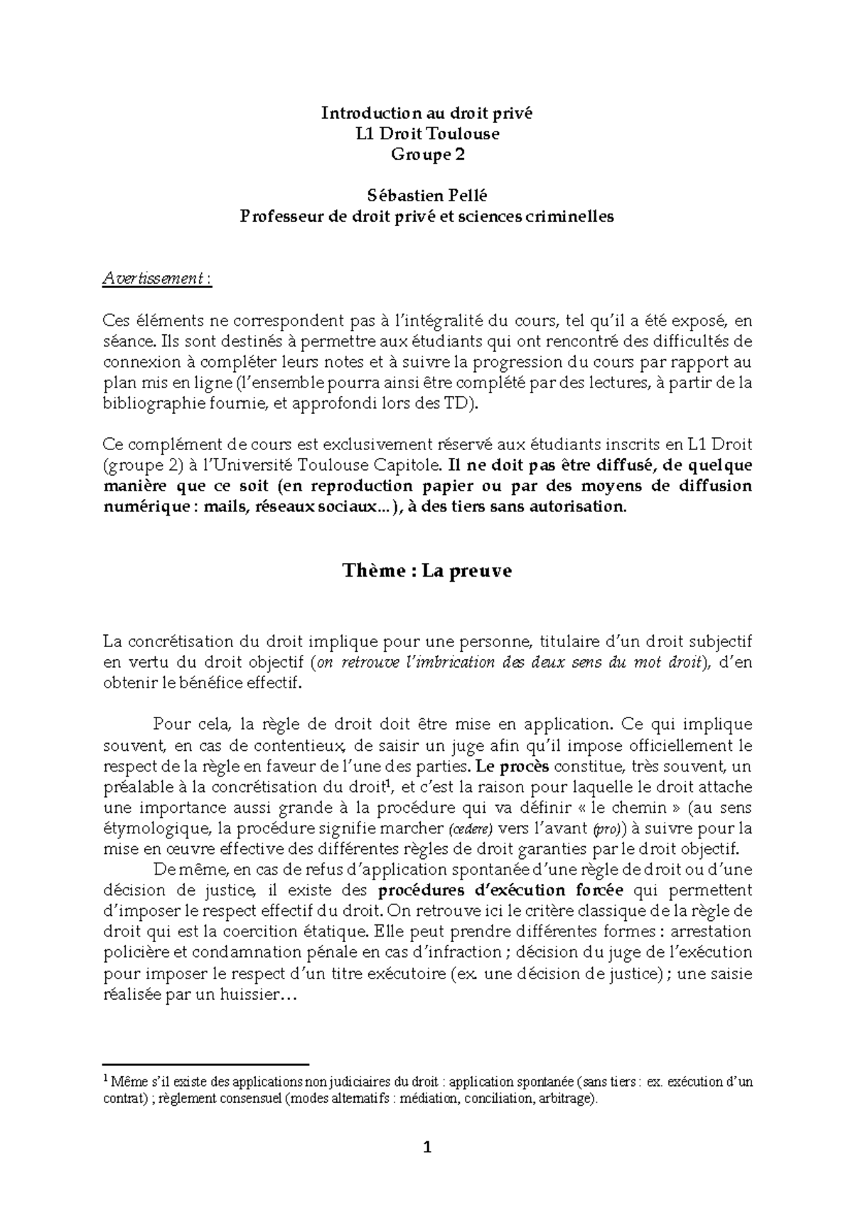 Support de cours - La preuve - Introduction au droit privé L1 Droit ...