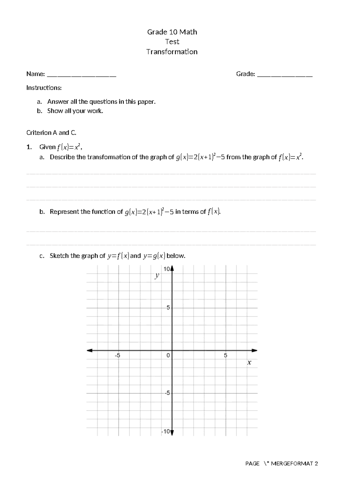 Grade 10 Math Test: Transformations and Graph Analysis - Studocu
