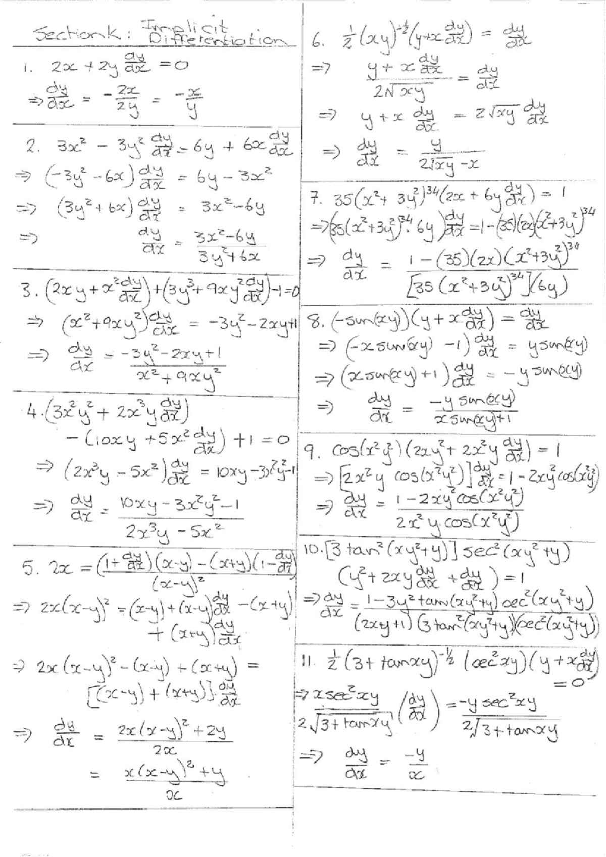 Section K: Implicit Differentiation Tutorial Notes - Studocu