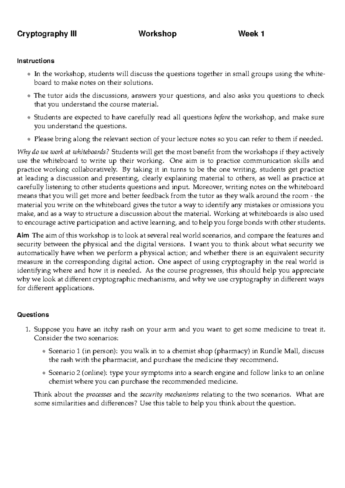Cryptography Workshop (Week 1): Group Discussion Instructions - Studocu
