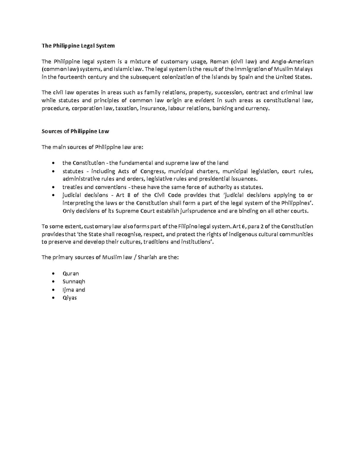 Philippine Legal System Overview: Sources and Structure - Studocu