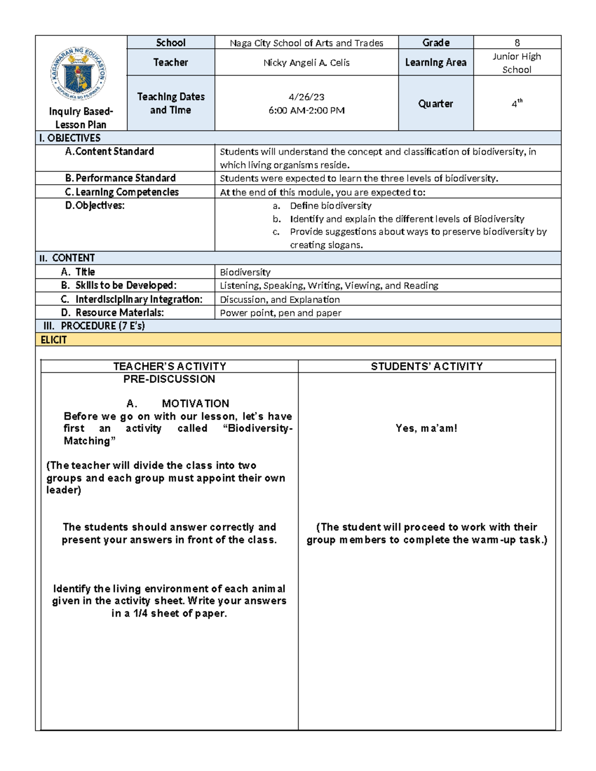 Grade 8 Lesson Plan: Understanding Biodiversity (BSED-Science) - Studocu