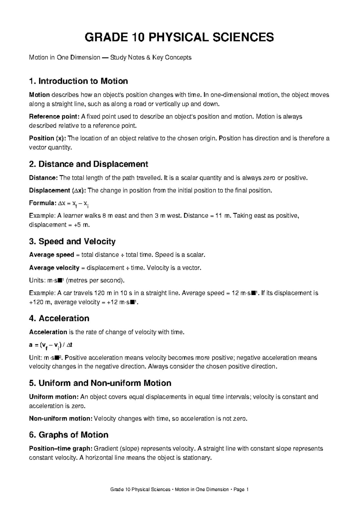 GRADE 10 PHYSICAL SCIENCES Motion in One Dimension Study Notes - Studocu