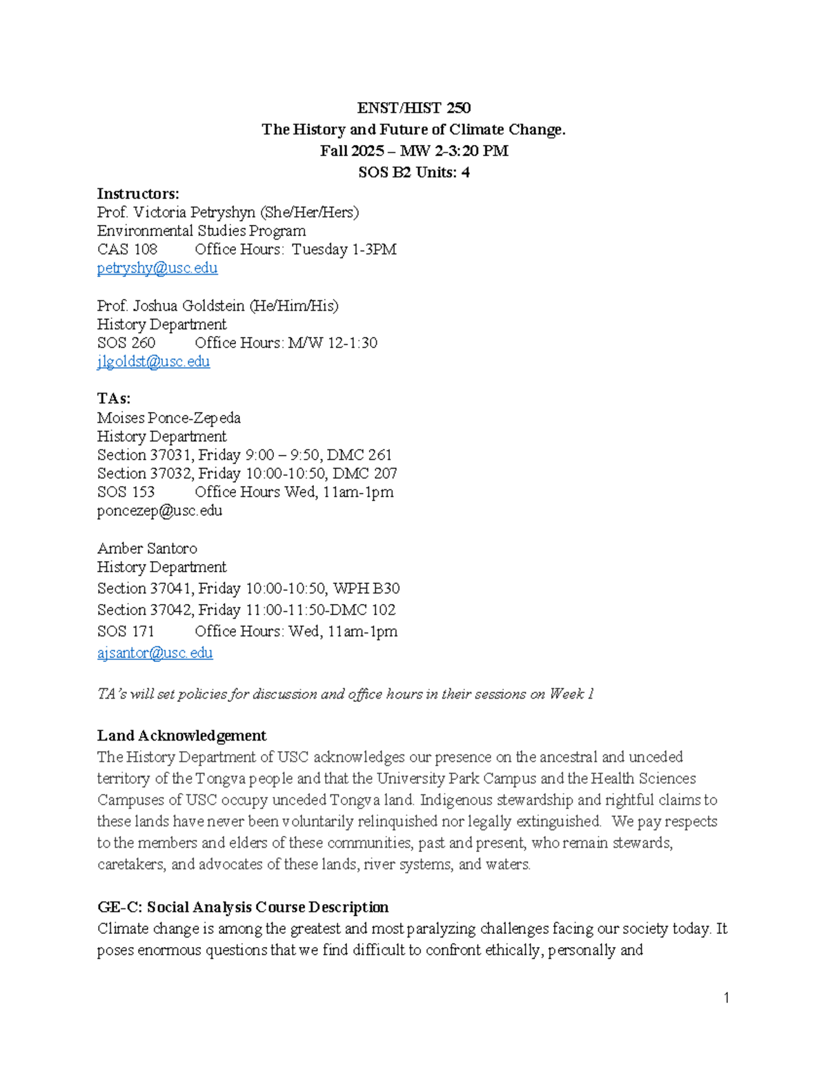 HIST 250 Syllabus: The History and Future of Climate Change - Fall 2025 ...