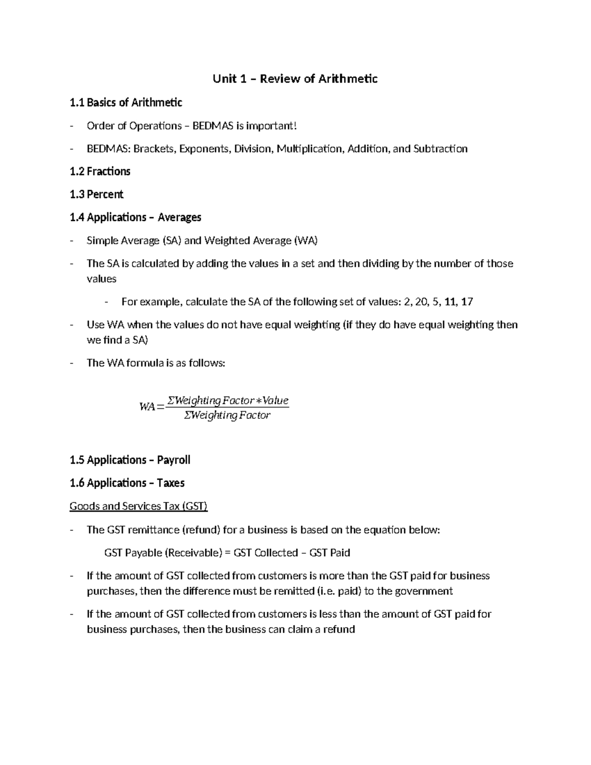 Unit 1: Arithmetic Review & Applications (MATH 101) - Studocu