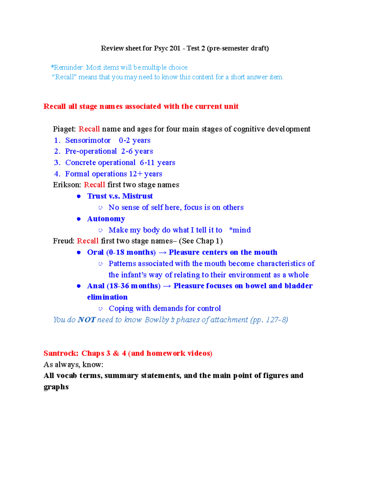 Review Sheet - Psyc 201 Test 2: Key Concepts and Overview - Studocu