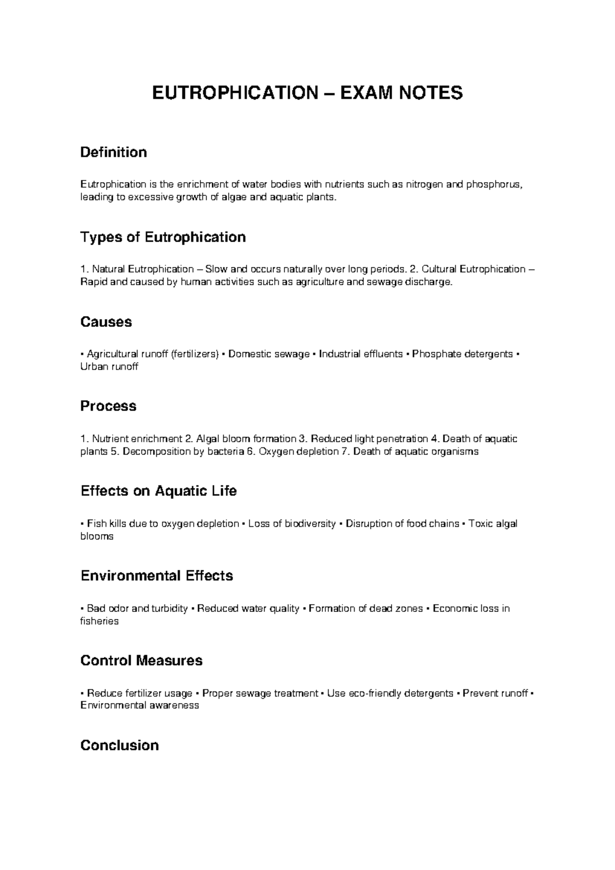EUTROPHICATION EXAM NOTES: Causes, Effects & Control Measures - Studocu