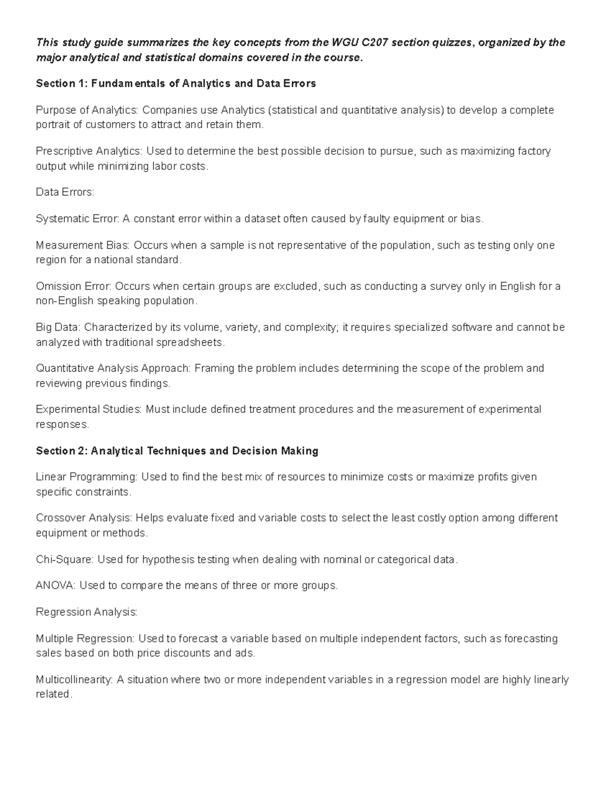WGU C207 - Study Guide: Key Concepts from Section Quizzes - Studocu