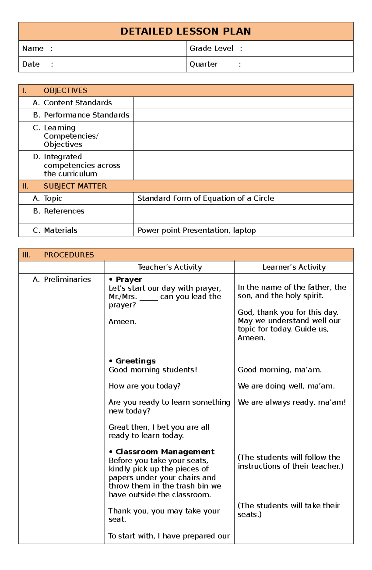 4AS MATH: Detailed Lesson Plan on Equation of a Circle - Studocu