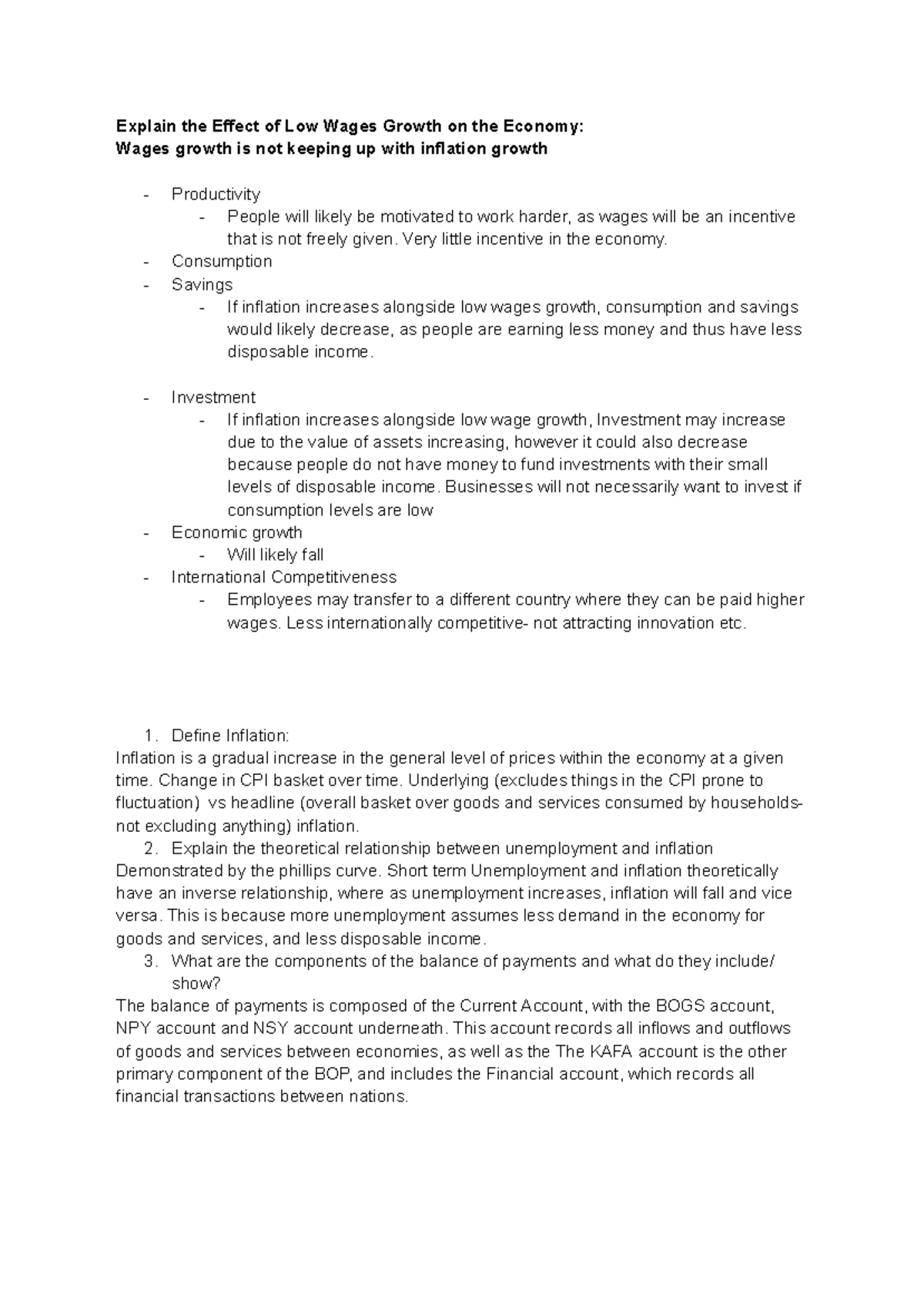Economics Notes: Impact of Low Wage Growth on Economic Factors - Studocu
