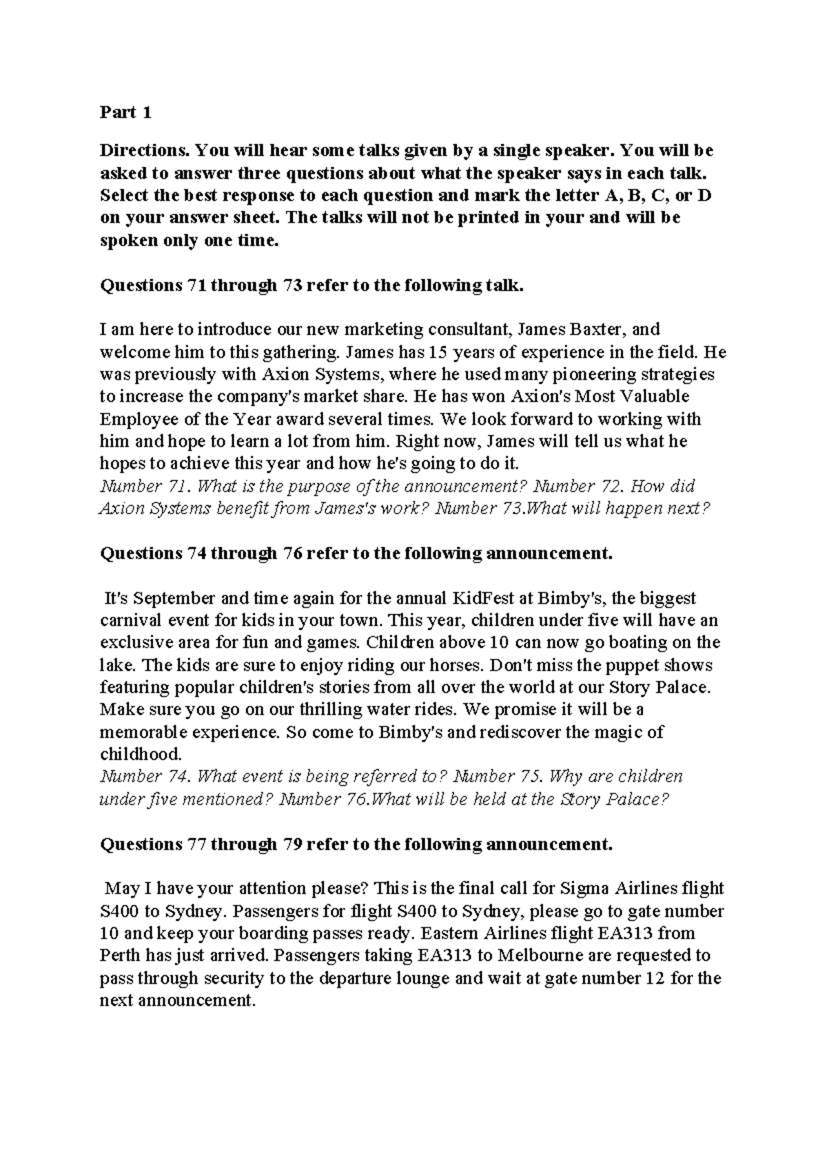 Listening Test Part 1 Directions and Questions - Studocu
