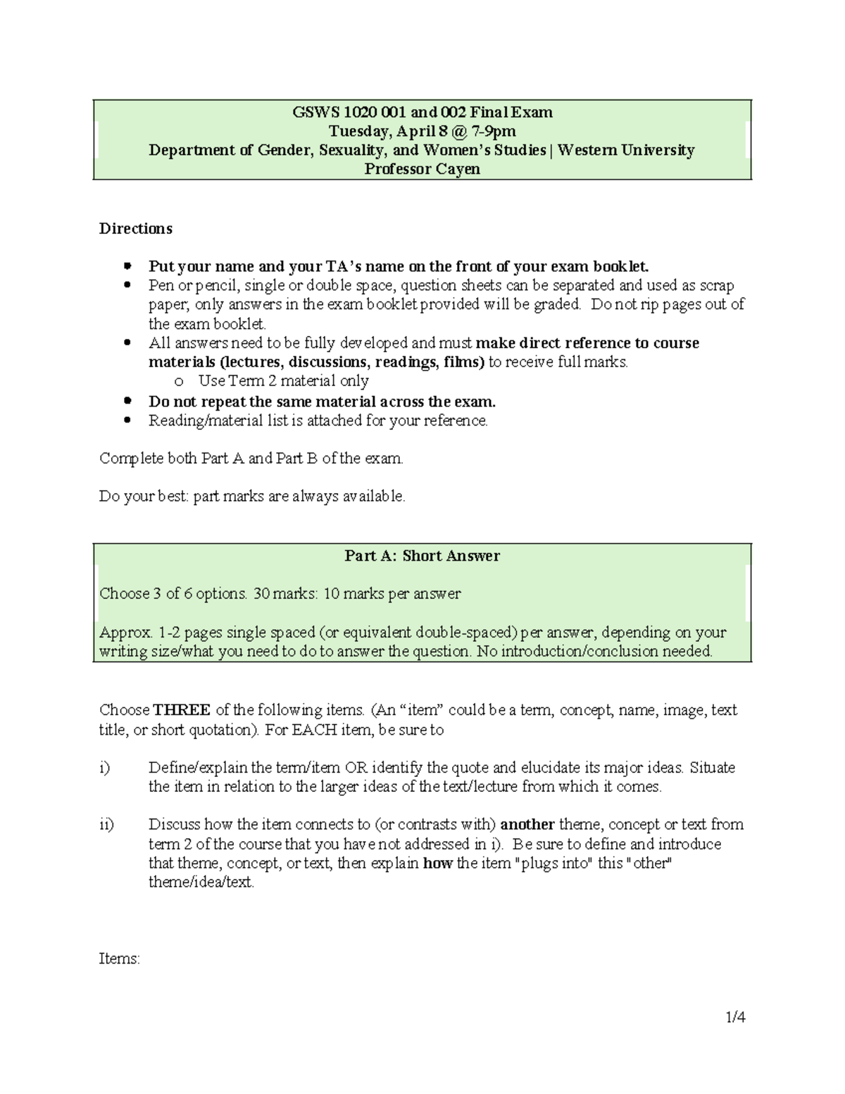 Format - GSWS 1020 001 and 002 Final Exam 2024-2025 - GSWS 1020 001 and ...