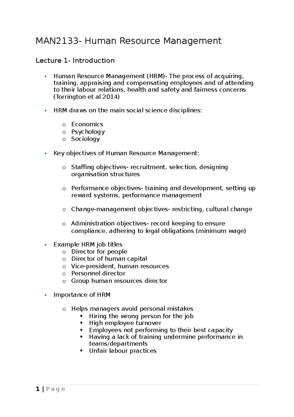 MAN2133 - Human Resource Management Lecture Notes and Overview - Studocu