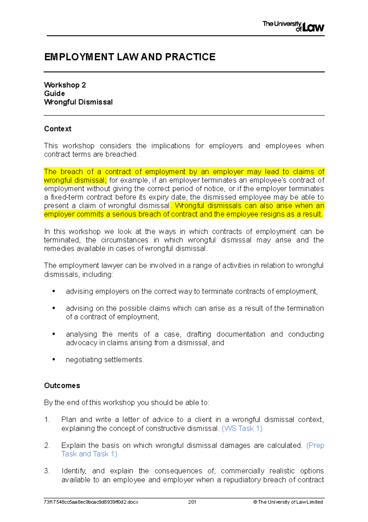 **Employment Law Workshop 2: Wrongful Dismissal Guide and Tasks** - Studocu