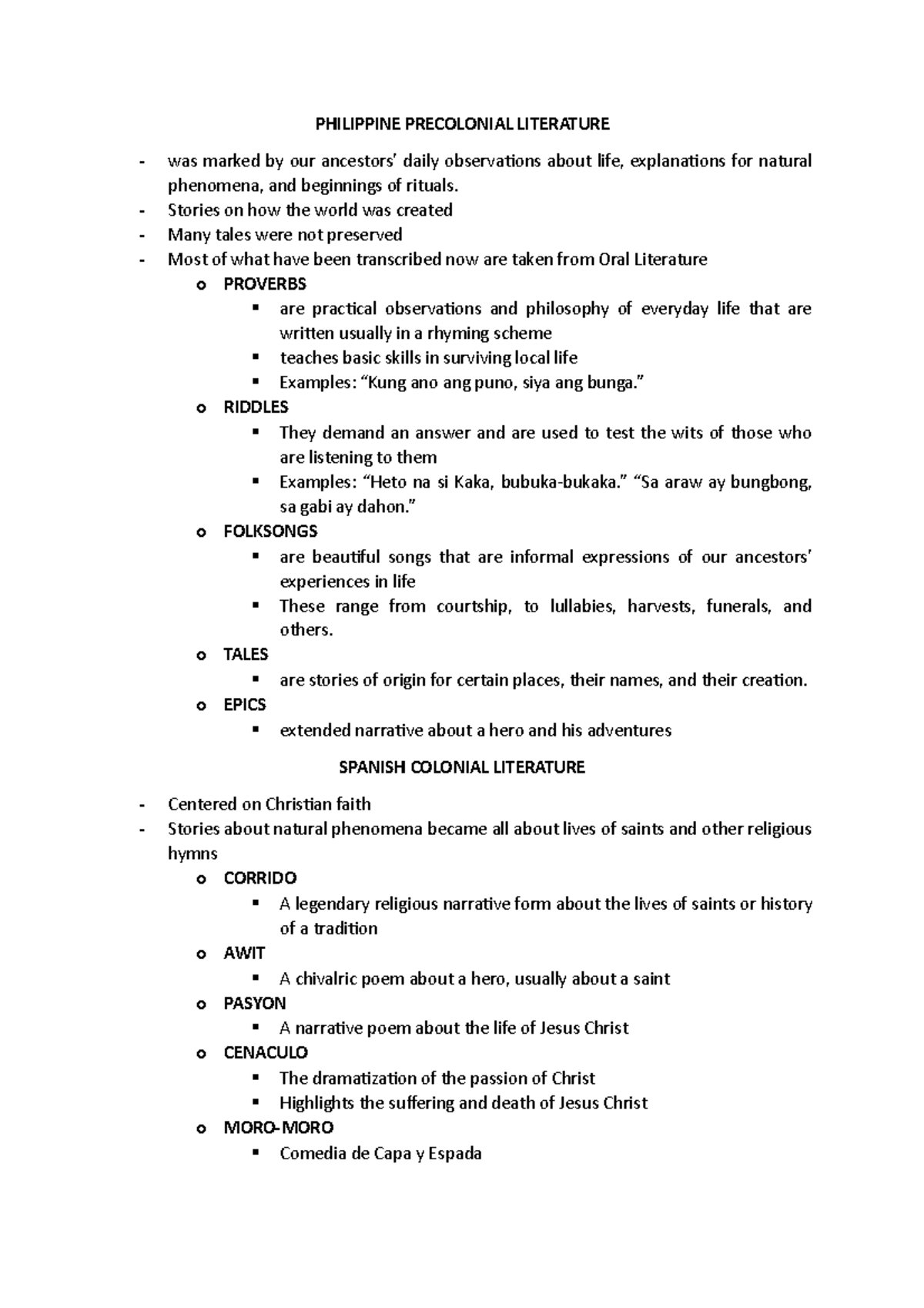 UNIT 1 - Philippine Precolonial and Colonial Literature Overview - Studocu