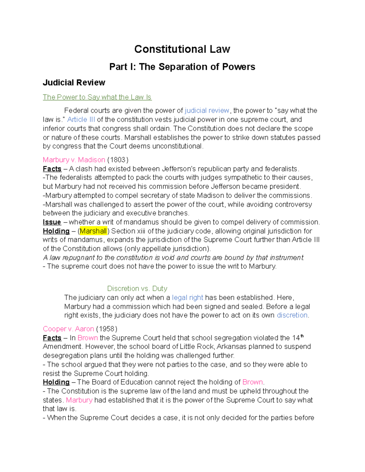Con Law (Constitutional Law) Outline: Part I - Separation of Powers ...