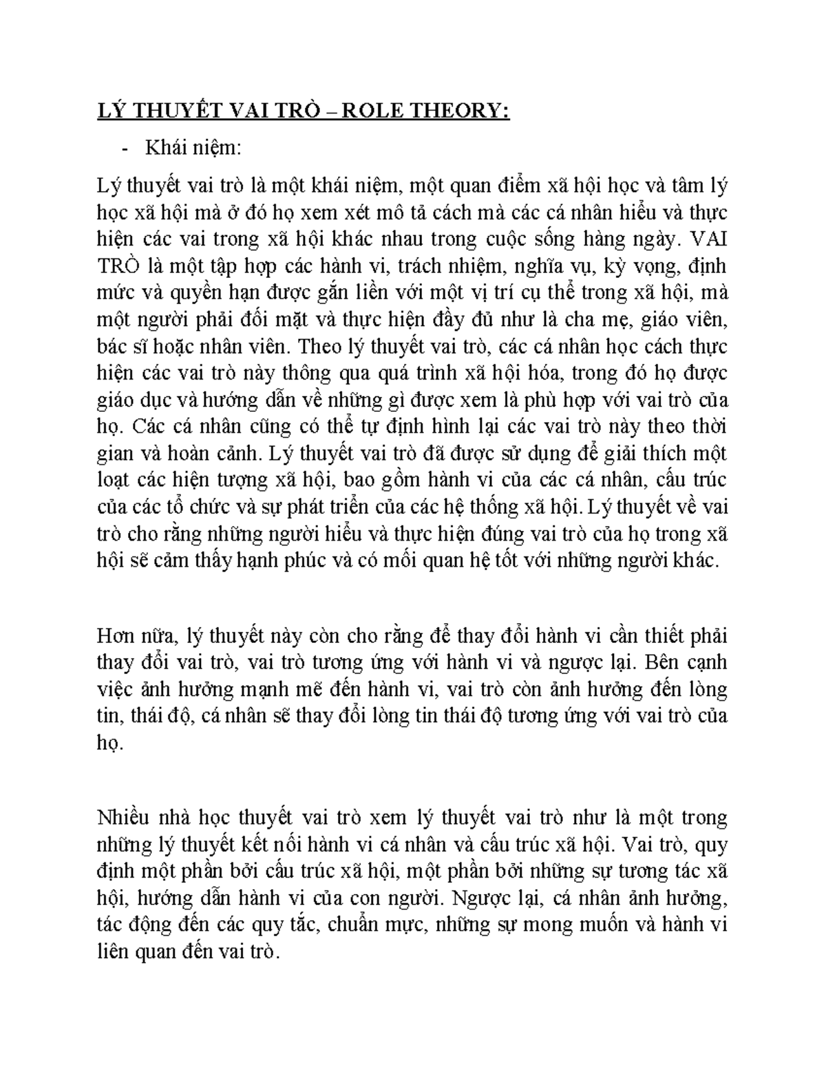 LÝ THUYẾT VAI TRÒ: Khái Niệm và Ứng Dụng Trong Xã Hội - Studocu