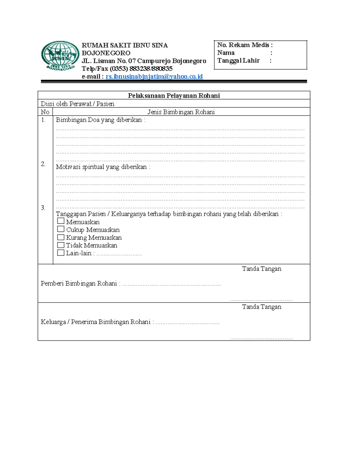 Form Pelaksanaan Pelayanan Rohani - RUMAH SAKIT IBNU SINA BOJONEGORO JL ...