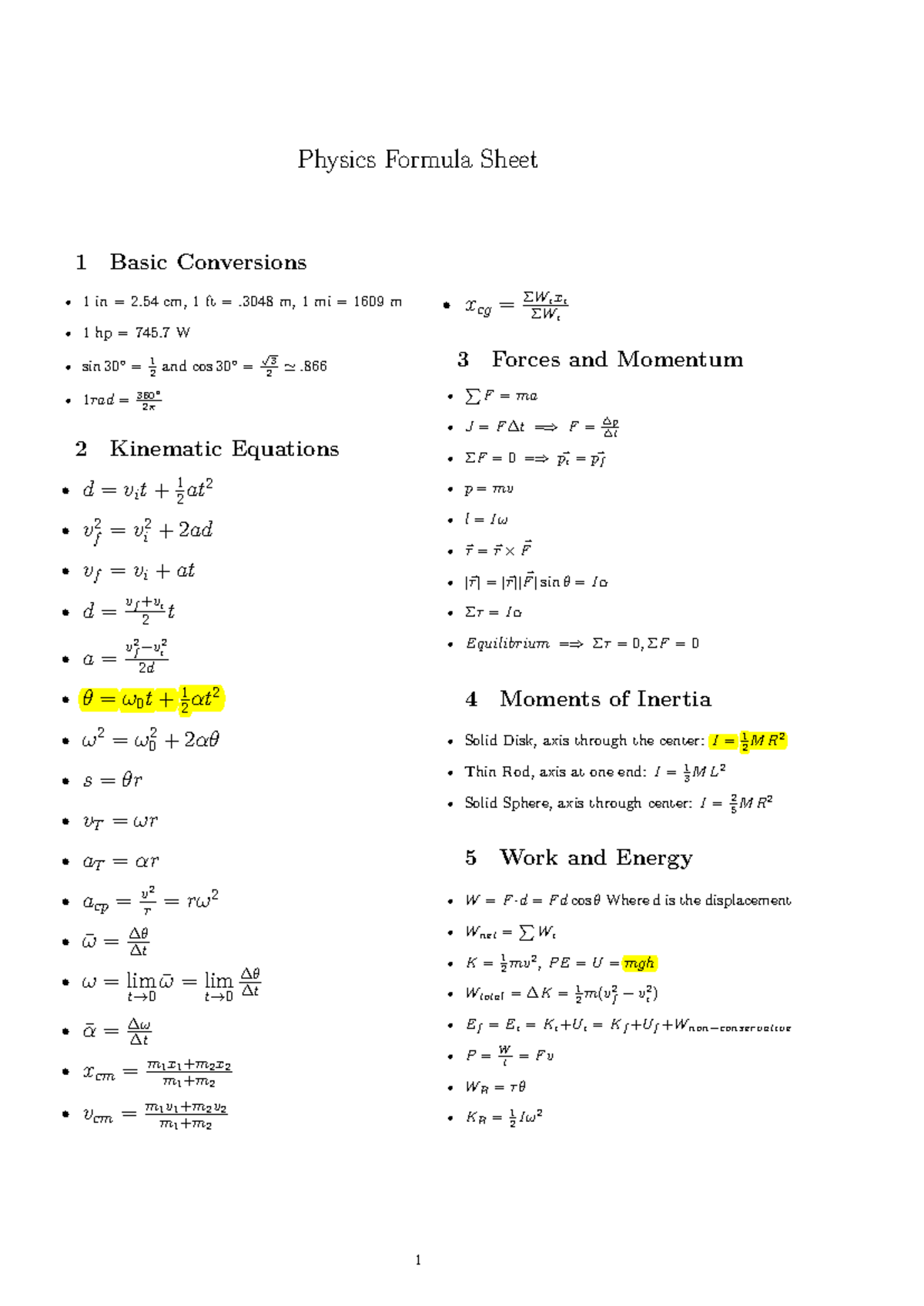 Physics 101 - Final Exam Formula Sheet & Key Concepts - Studocu