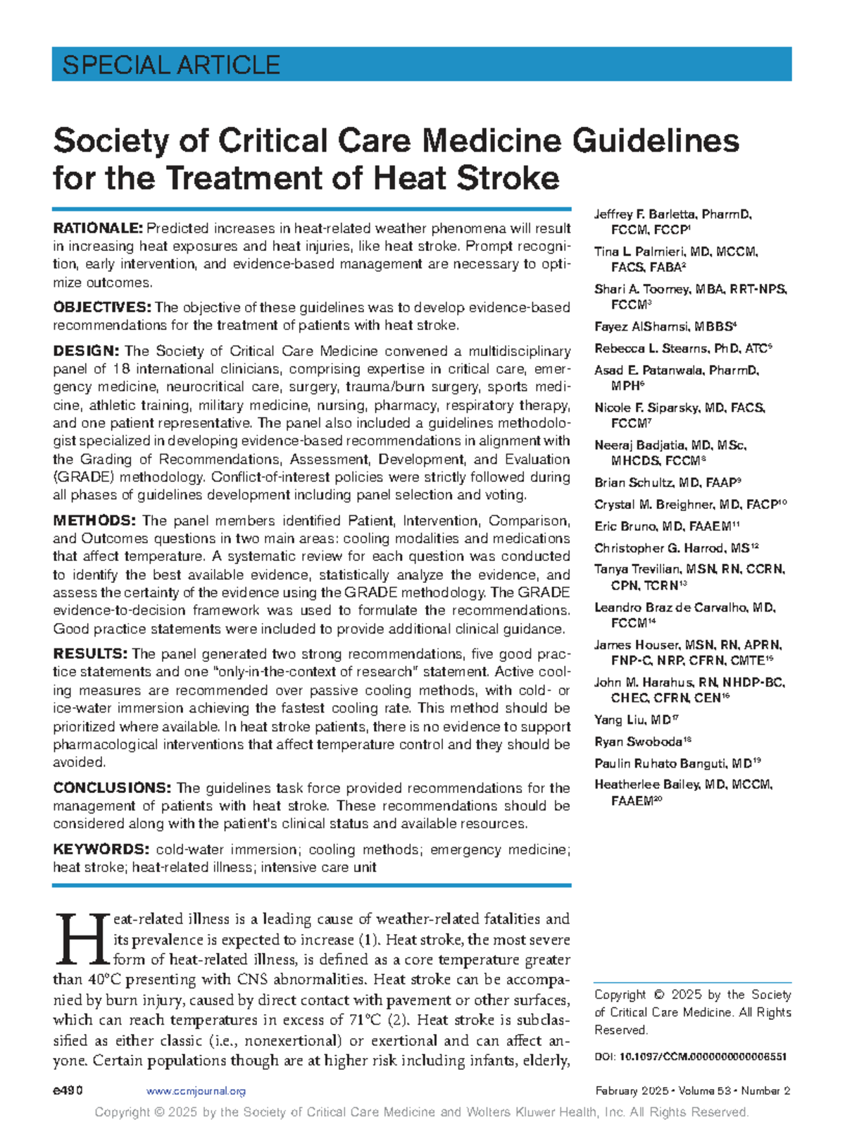 SCCM Guidelines for Heat Stroke Treatment: Evidence-Based ...