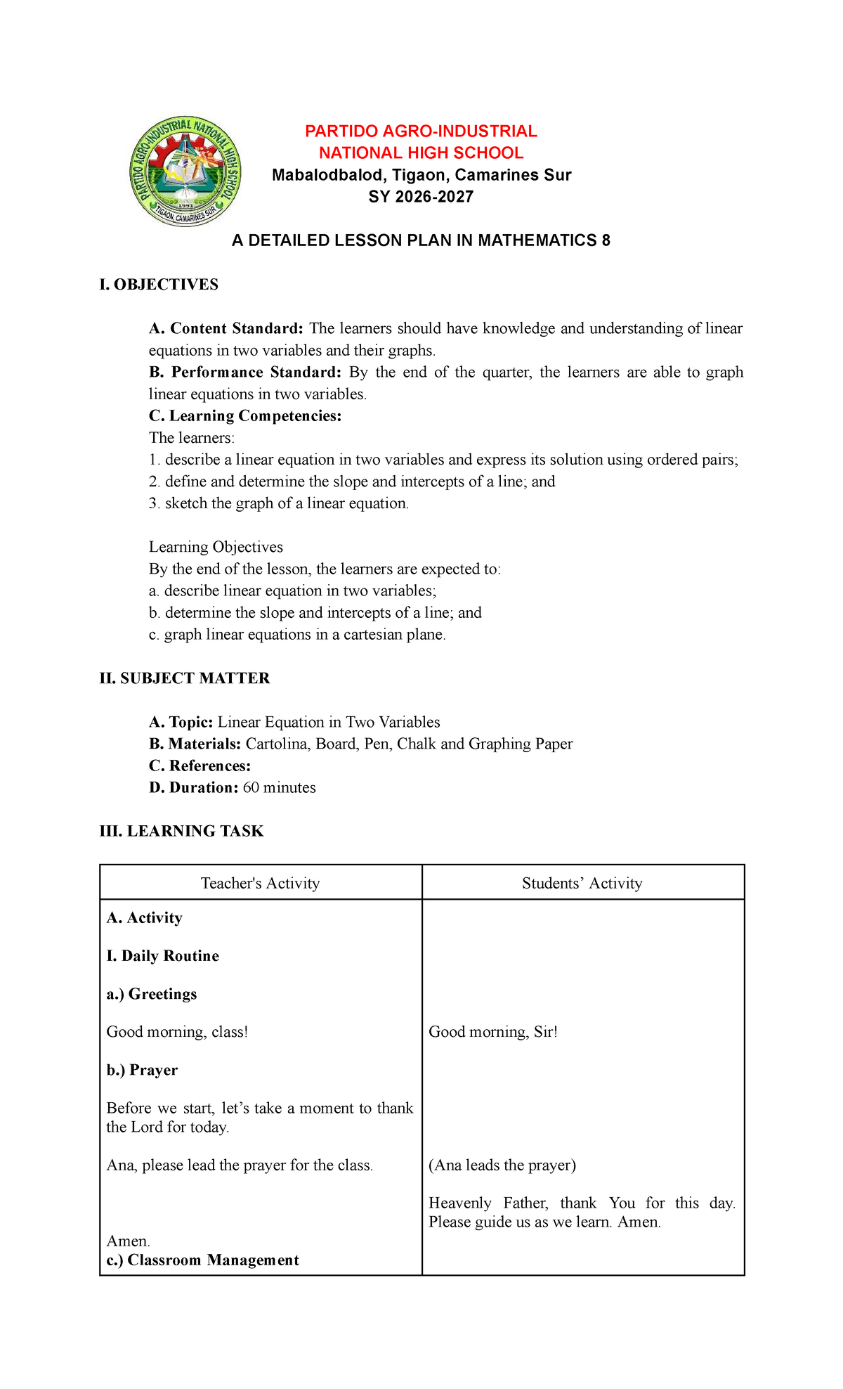 Detailed Lesson Plan in Math 8: Linear Equations & Graphs - Studocu